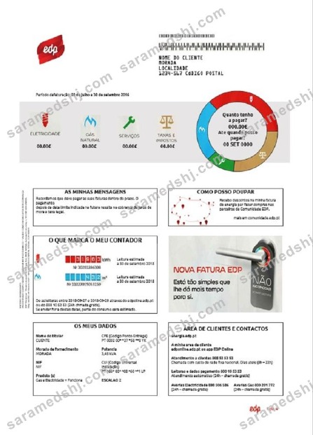 Portugal EDP utility bill template in Word and PDF format, good for address prove